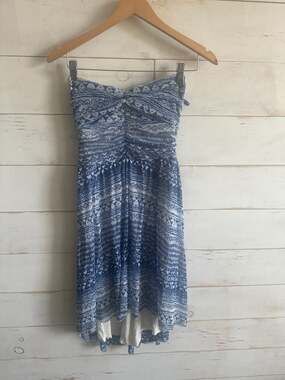 Free People Blue and White Geometric Printed Strapless Mesh Mini Dress Size M